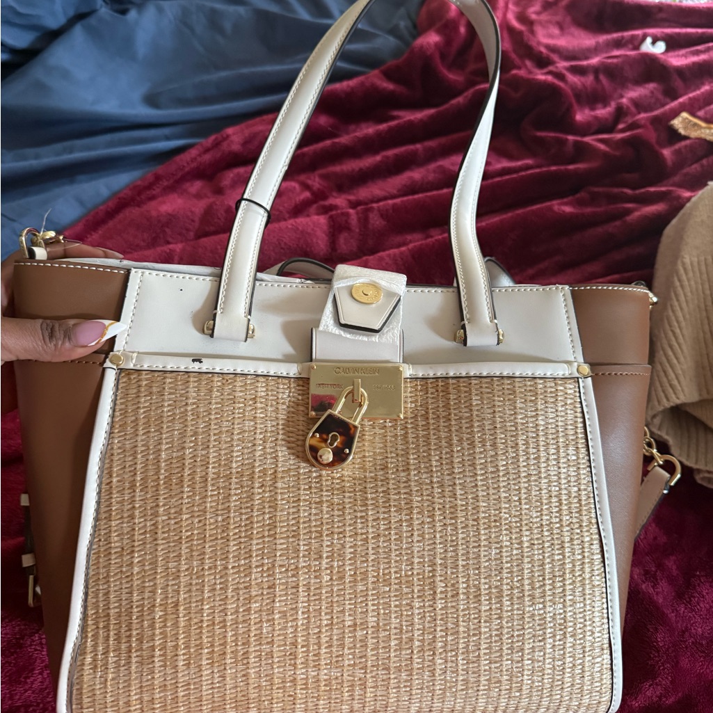 Calvin Klein Tan And Cream Woven Front Tote With Gold Hardware